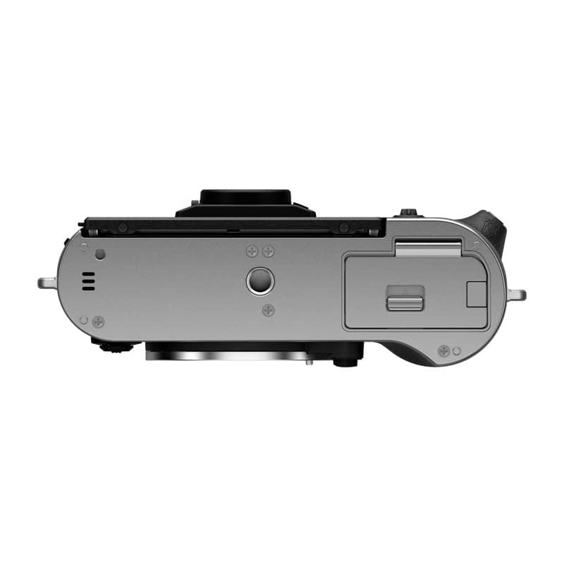 Fujifilm X-T50 Gehäuse in Silber, seitliche Ansicht, kompakt und modern.